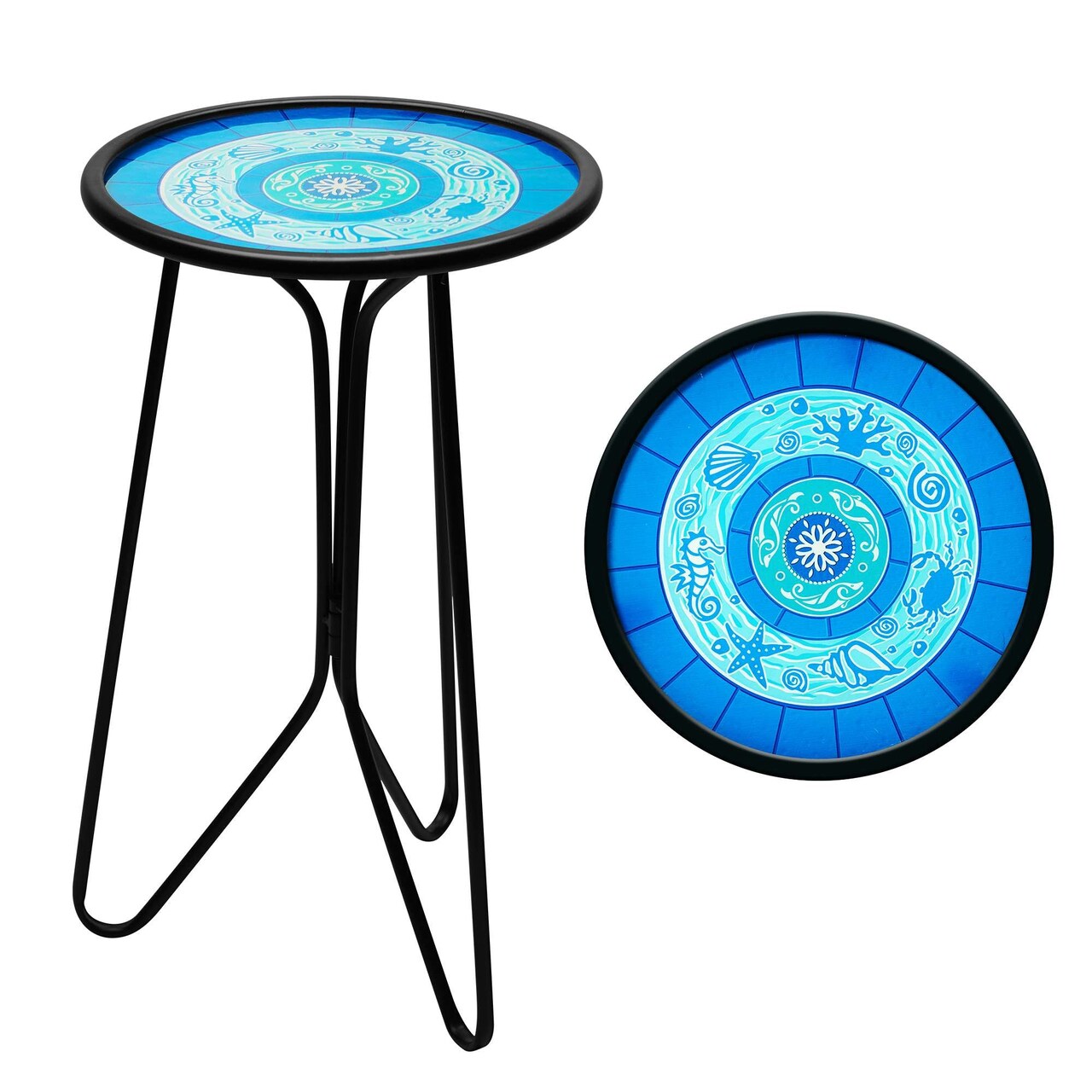 G128 12 in Round Glass Outdoor Side Table Ocean Pattern | Decorative Plant Stand, Small End Table for Garden Patio Porch Living Room